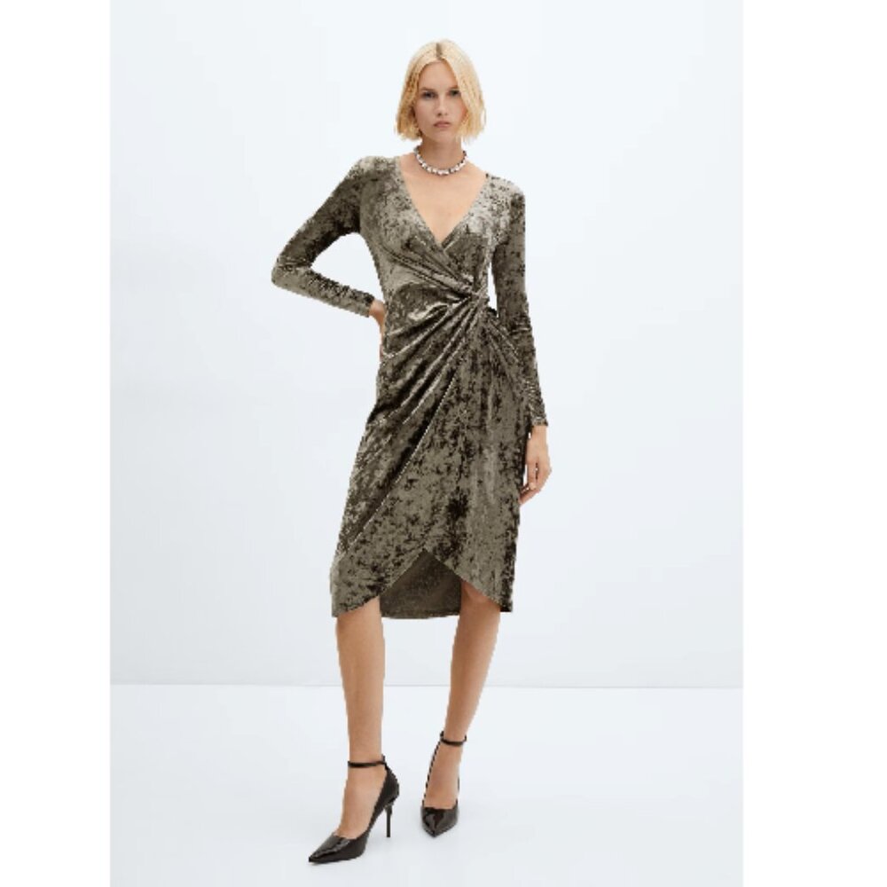 Mango NWT MNG Velvet Midi Dress Khaki Long Sleeve V-neck Party Crossover Size 8